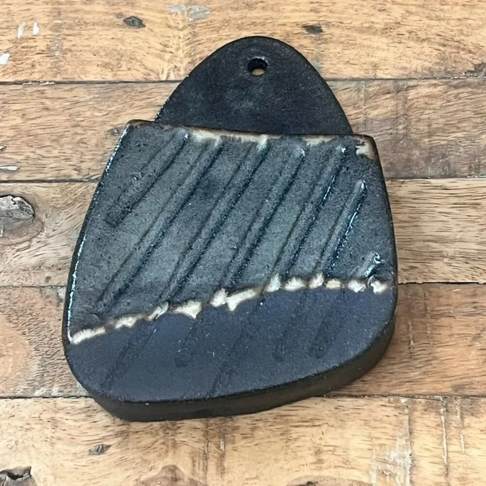 Studio Pottery Wall Pocket Vase 6.5 in Abstract Black Impressed Lines Decor